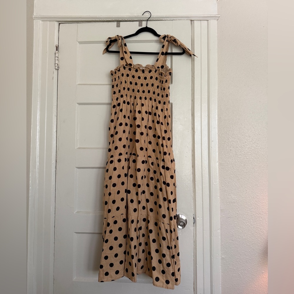 FAITHFUL THE BRAND Linen Polka Dot Tie-Strap Maxi Dress